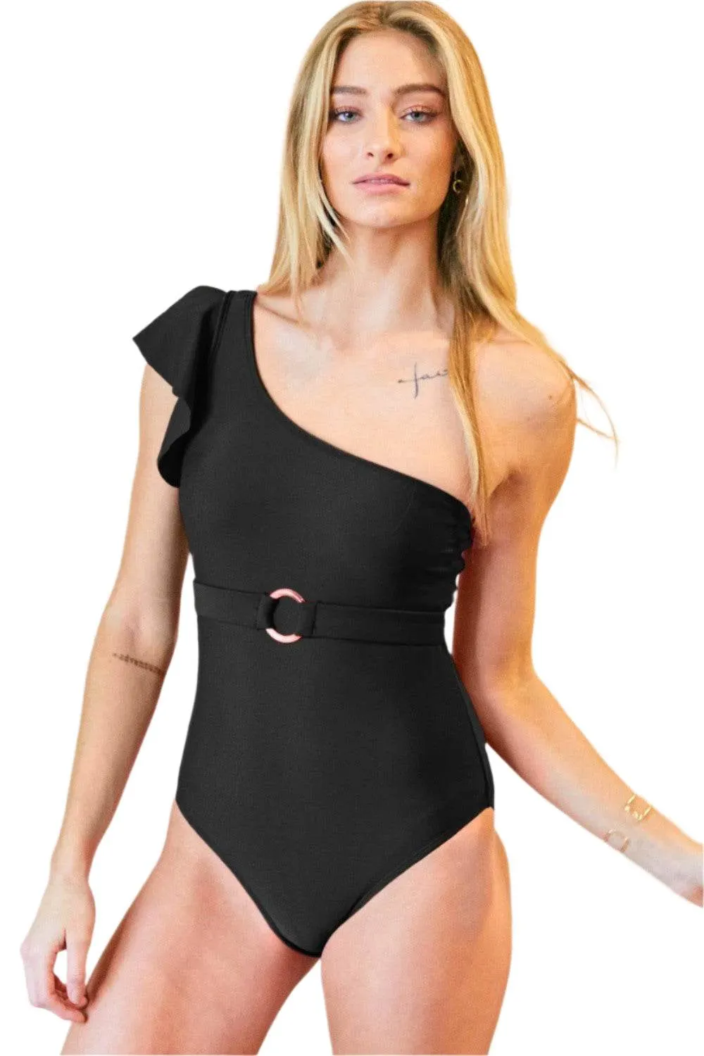 Solid One Shoulder One Piece Swimsuit