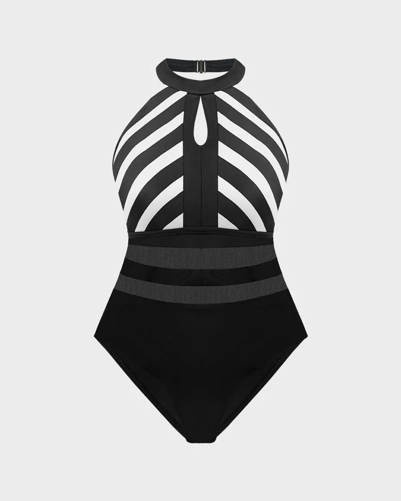 Striped Halter Neck Mesh Insert One-Piece Swimsuit