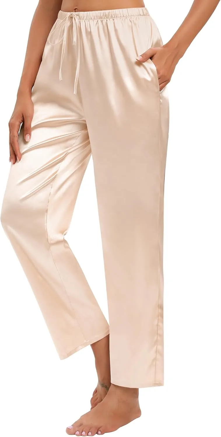 SWOMOG Women's Silk Satin Pajama Pants Soft Long Lounge Pant Drawstring Trousers Casual Sleepwear Pj Bottoms with Pockets