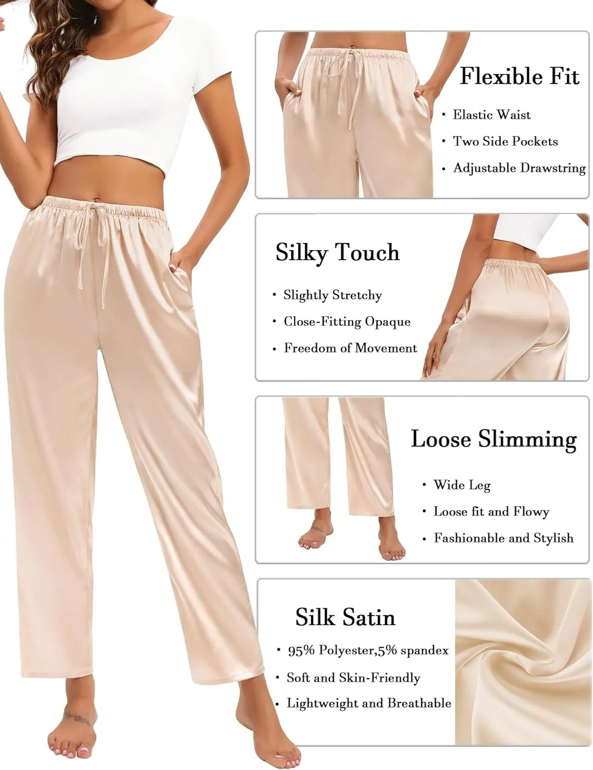 SWOMOG Women's Silk Satin Pajama Pants Soft Long Lounge Pant Drawstring Trousers Casual Sleepwear Pj Bottoms with Pockets