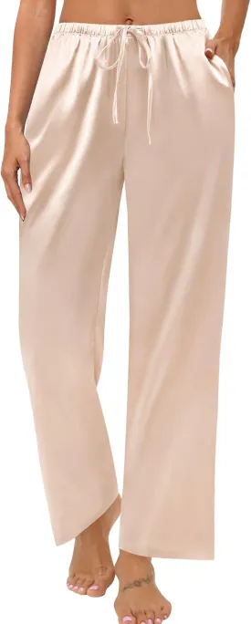 SWOMOG Women's Silk Satin Pajama Pants Soft Long Lounge Pant Drawstring Trousers Casual Sleepwear Pj Bottoms with Pockets