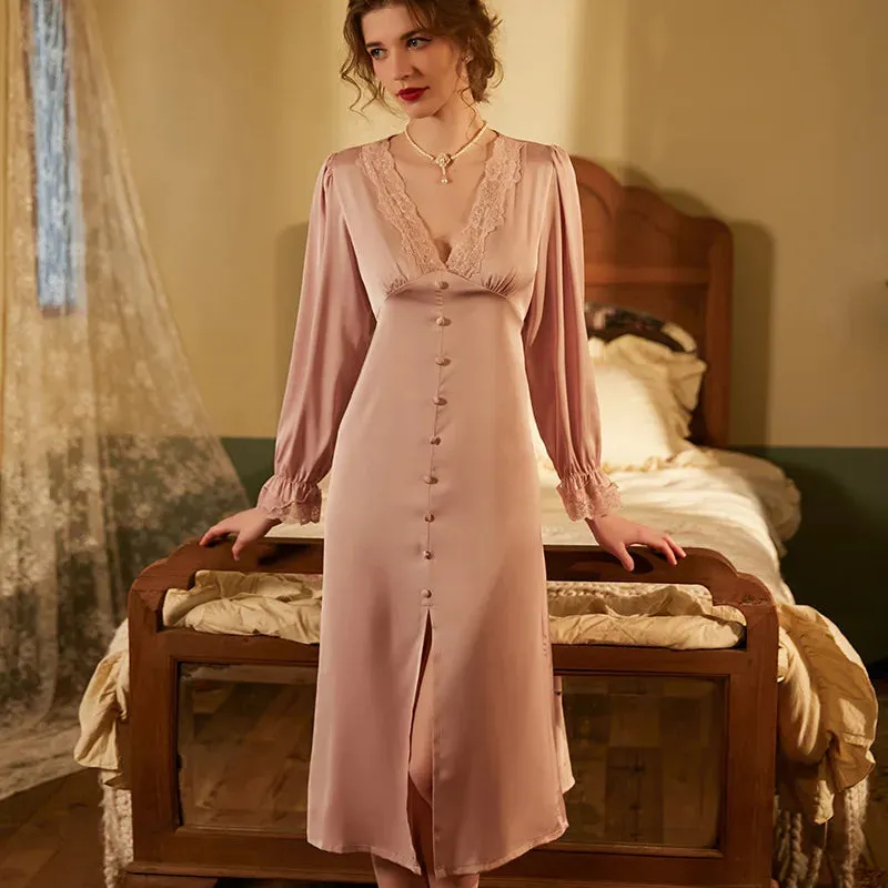 TAVIMART  -  Women Long Sleeve Pajama Purple Satin Night Dress Lace Sleepwear Sexy Lingerie Dark V-neck Nightgown