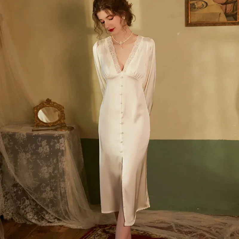 TAVIMART  -  Women Long Sleeve Pajama Purple Satin Night Dress Lace Sleepwear Sexy Lingerie Dark V-neck Nightgown