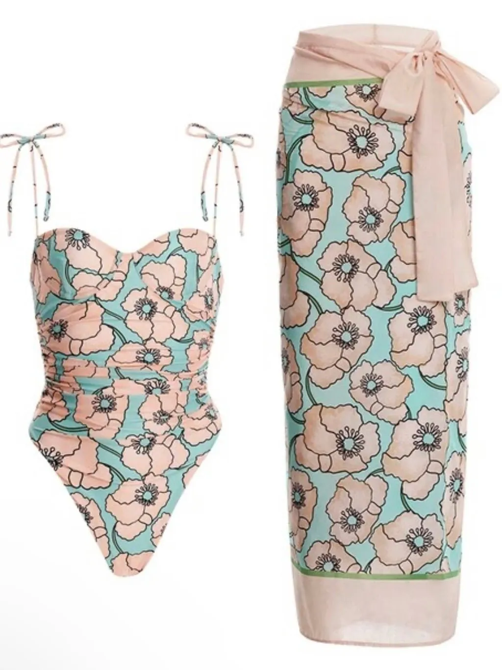 Turquoise one piece set of 2 swimsuit and cover up