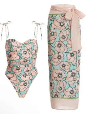 Turquoise one piece set of 2 swimsuit and cover up