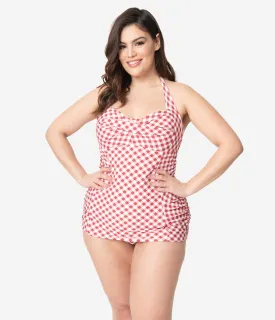 Unique Vintage Plus Size Red & White Gingham Corinne Halter Sheath Swimsuit