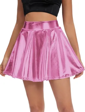 Urban CoCo Women's Shiny Flared Pleated Mini Skater Skirt