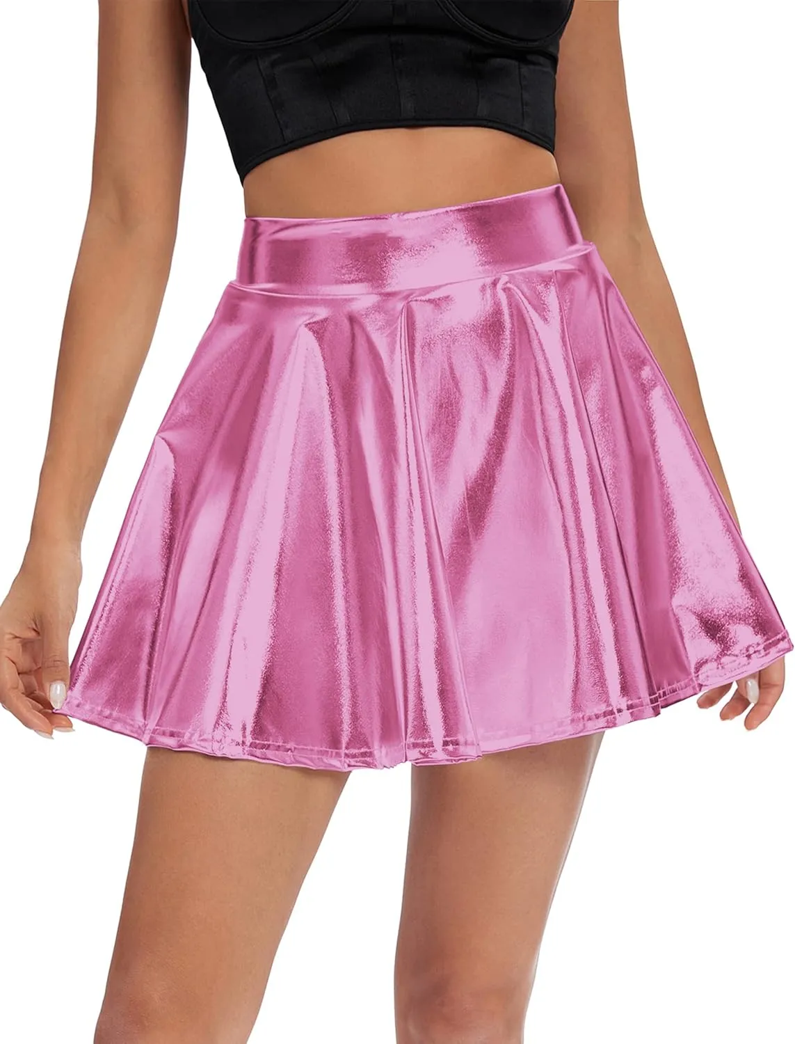Urban CoCo Women's Shiny Flared Pleated Mini Skater Skirt
