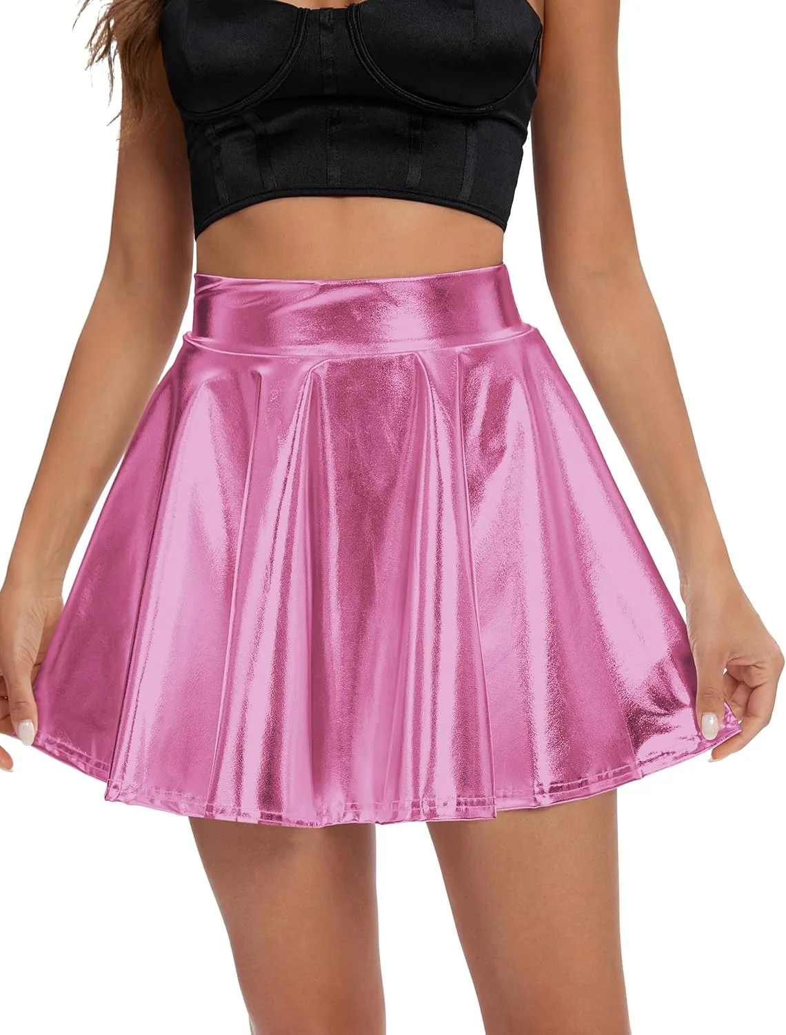 Urban CoCo Women's Shiny Flared Pleated Mini Skater Skirt