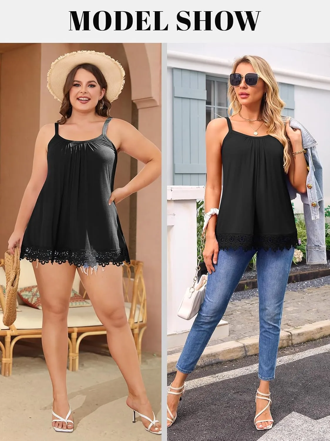 V FOR CITY Womens Flowy Lace Camisole with Built in Bra Adjustable Straps Loose Scoop Neck Tank Top