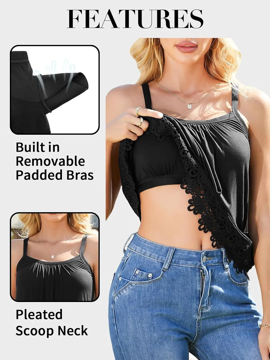 V FOR CITY Womens Flowy Lace Camisole with Built in Bra Adjustable Straps Loose Scoop Neck Tank Top