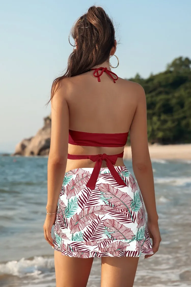 V Neck Ruffle Swim Skirt Two Piece Swimsuit