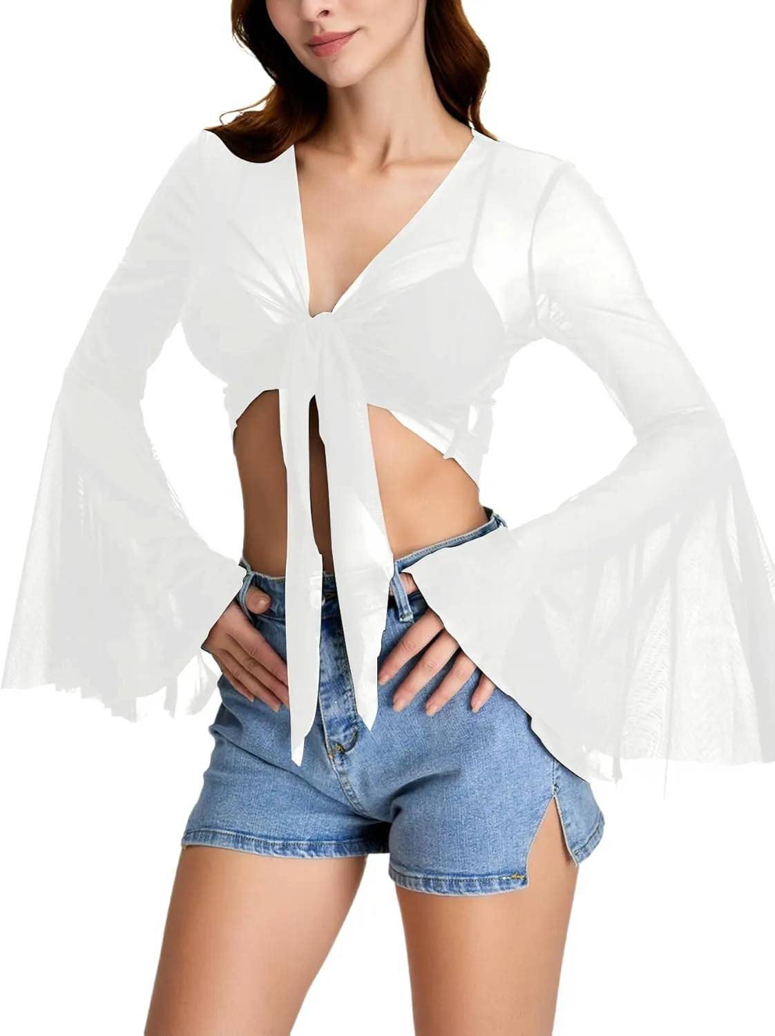 Verdusa Women's Tie Front Bell Long Sleeve Blouse Sheer Mesh Crop Top