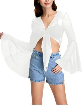 Verdusa Women's Tie Front Bell Long Sleeve Blouse Sheer Mesh Crop Top