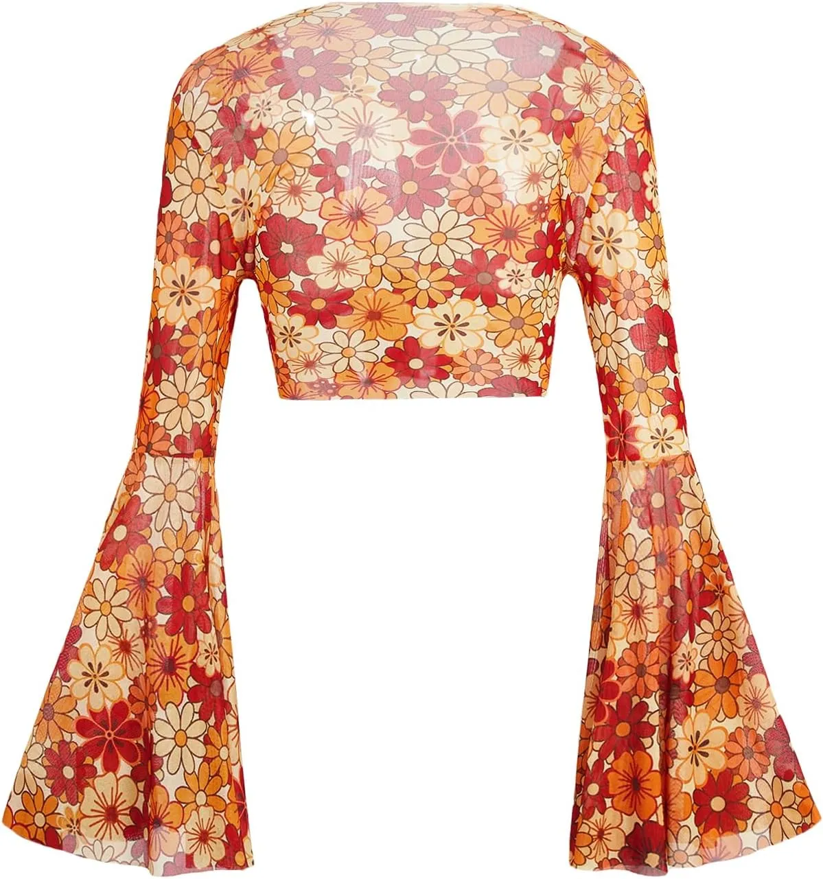 Verdusa Women's Tie Front Bell Long Sleeve Blouse Sheer Mesh Crop Top