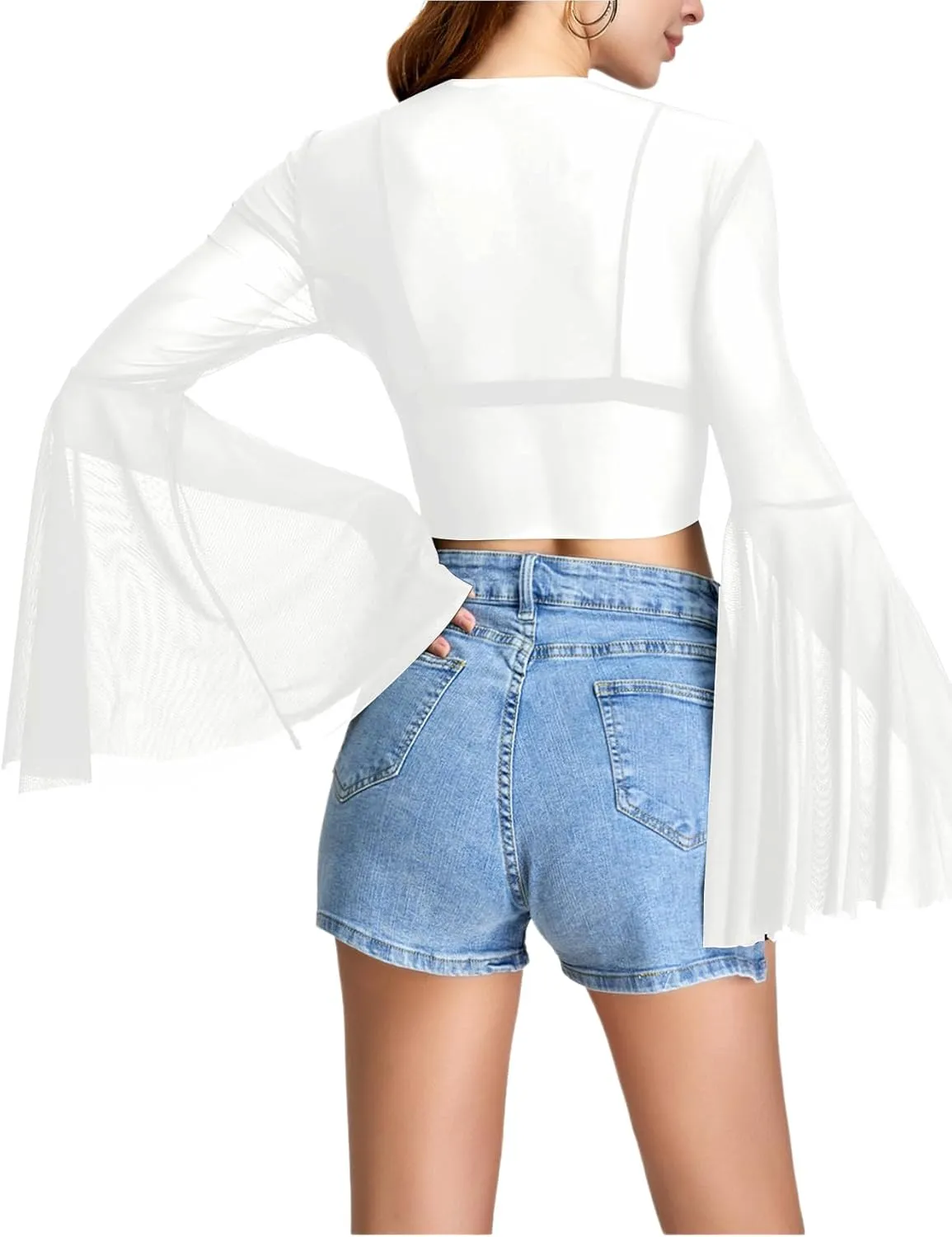 Verdusa Women's Tie Front Bell Long Sleeve Blouse Sheer Mesh Crop Top