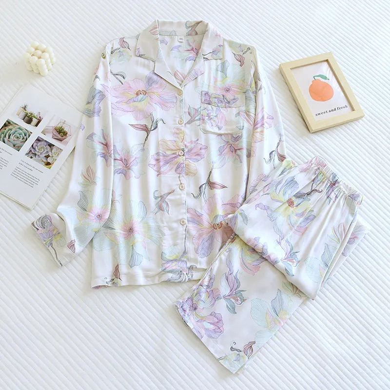 White cotton Silk Floral Print Pajama Set