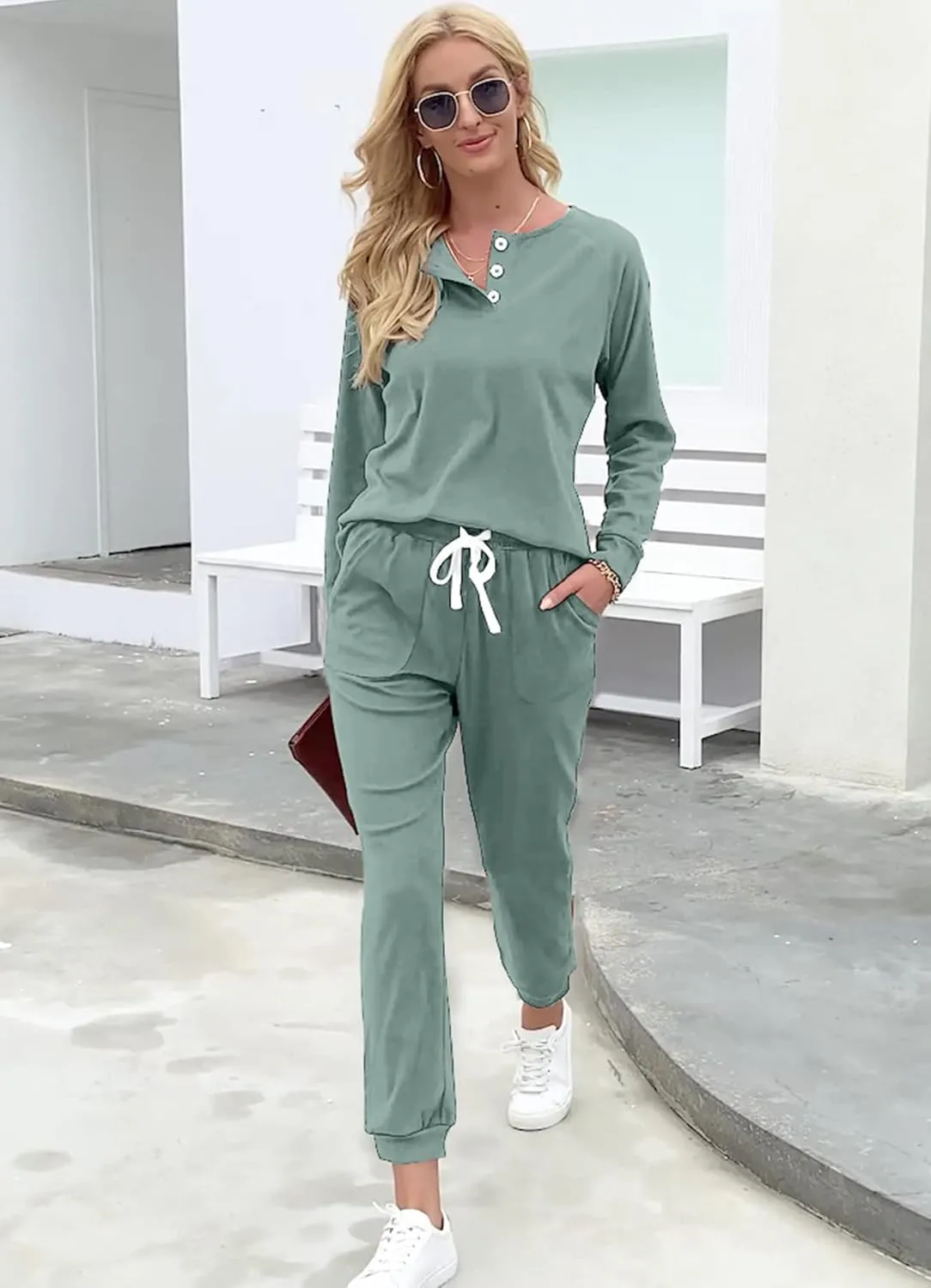 WIHOLL Two Piece Outfits for Women Lounge Sets Button Down Sweatshirt Sweatpants Sweatsuits Set with Pockets