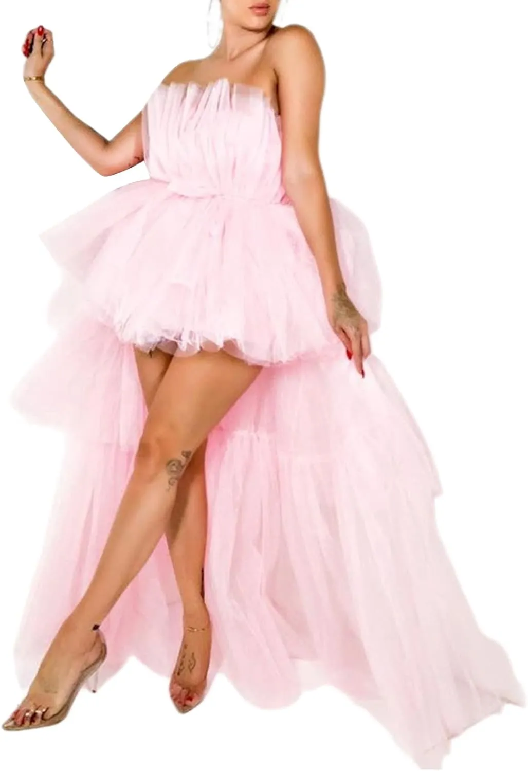 Women 's High Low Tulle Dress Strapless Off Shouler Tiered Cocktail Party Dress Prom Gown Evening Dress