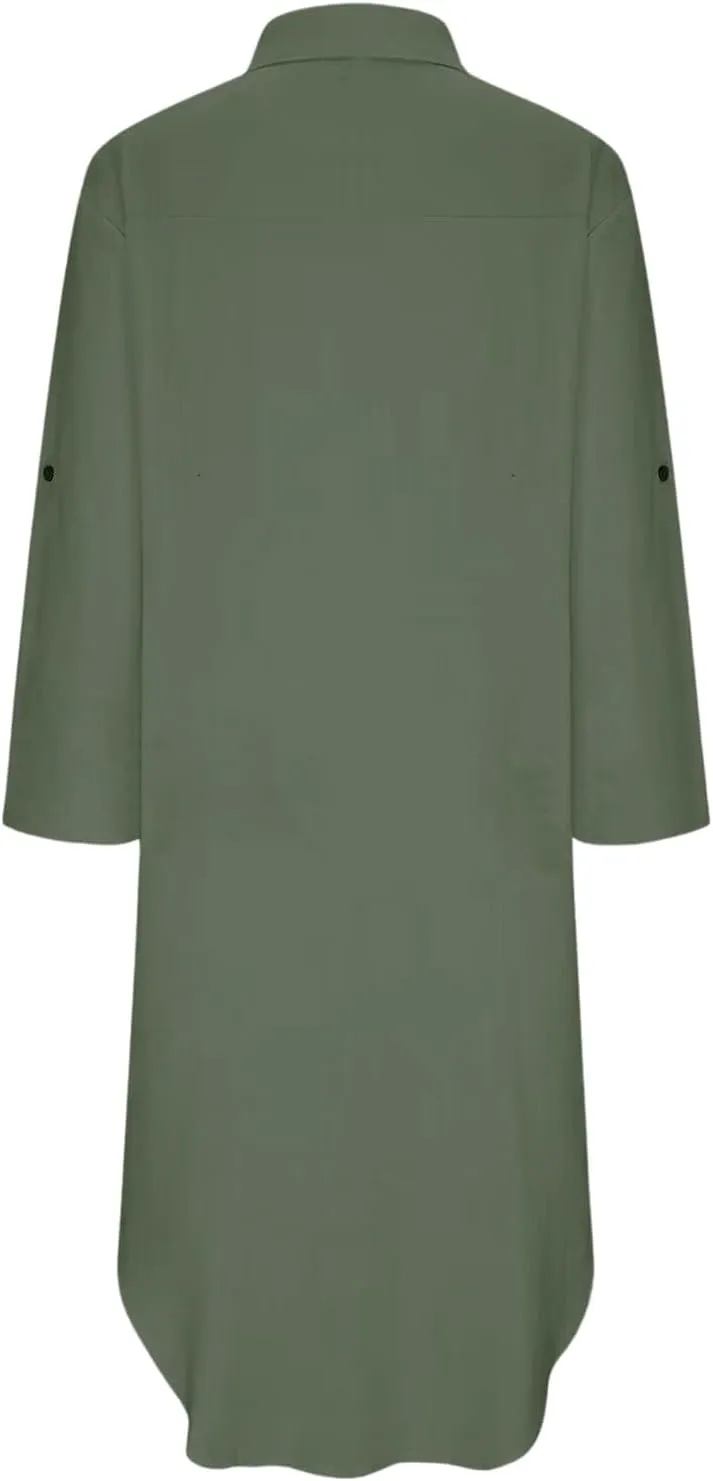 Womens Casual Loose Cotton Linen Shirt Dress Lapel Button Long Sleeve Side Split Maxi Dresses with Pockets