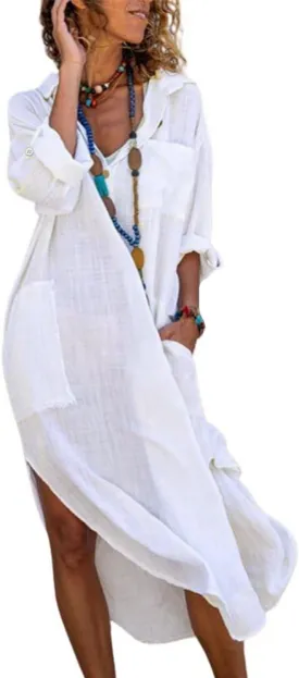 Womens Casual Loose Cotton Linen Shirt Dress Lapel Button Long Sleeve Side Split Maxi Dresses with Pockets