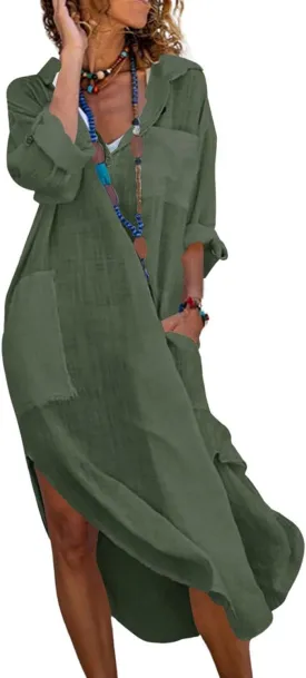 Womens Casual Loose Cotton Linen Shirt Dress Lapel Button Long Sleeve Side Split Maxi Dresses with Pockets