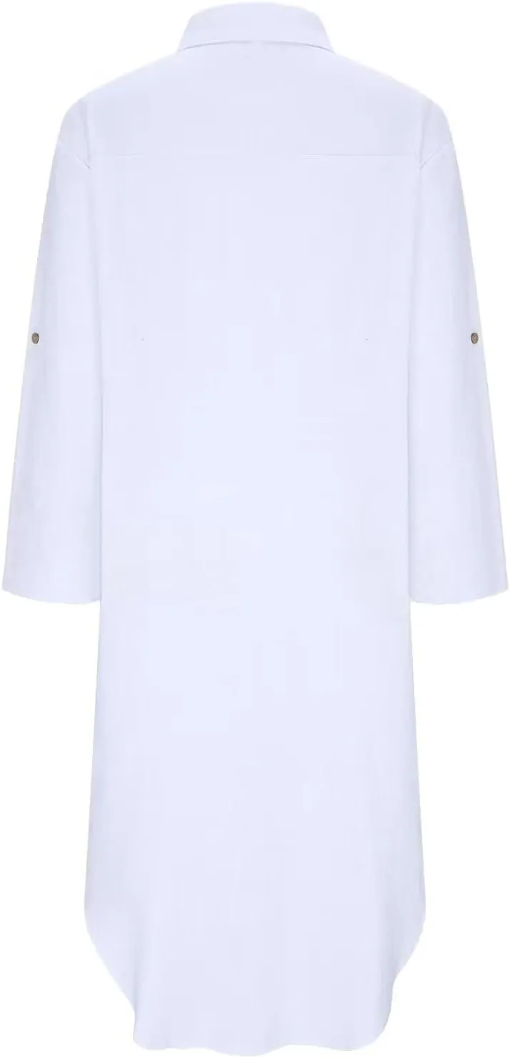 Womens Casual Loose Cotton Linen Shirt Dress Lapel Button Long Sleeve Side Split Maxi Dresses with Pockets
