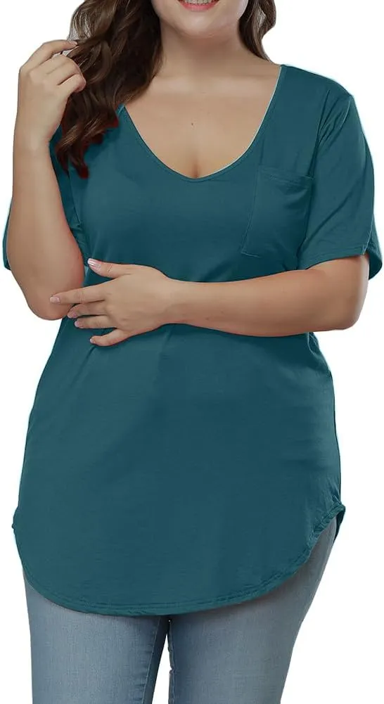 Womens Casual Scoop Collar Plus Size T Shirts Short Sleeve Loose Summer Tops Tee
