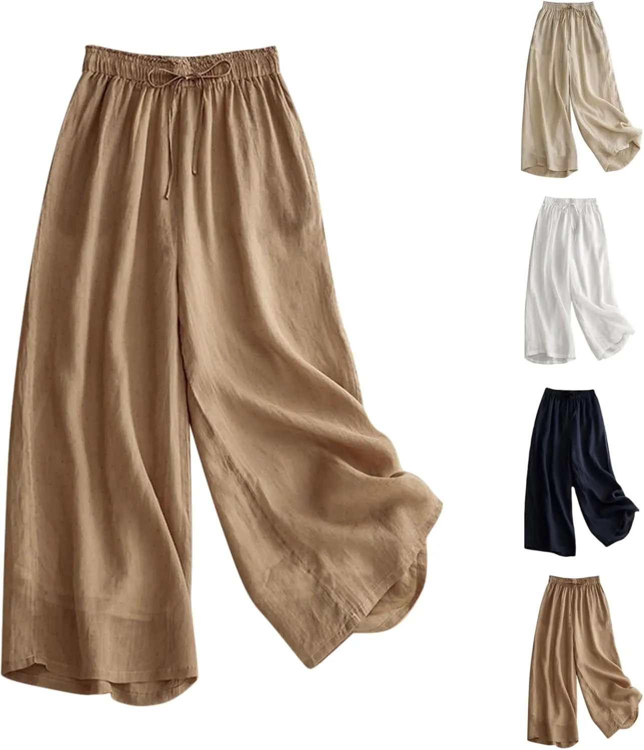 Women's Culottes Linen Cropped Pants with Pockets Wide Leg Pants Elastic Waist Casual Palazzo Trousers 2025 Fashion