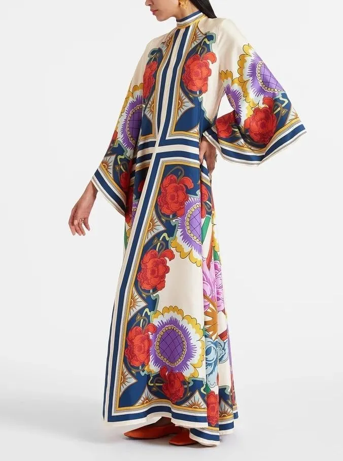 Womens Ethnic Boho Printed Pattern Batwing 3/4 Sleeve Maxi Dresses 2025 Summer Oversize Trendy Long Dress