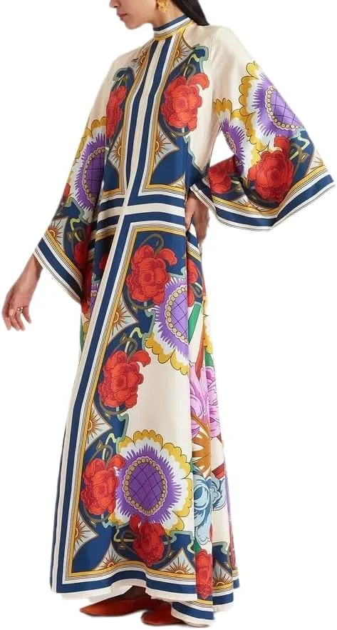 Womens Ethnic Boho Printed Pattern Batwing 3/4 Sleeve Maxi Dresses 2025 Summer Oversize Trendy Long Dress