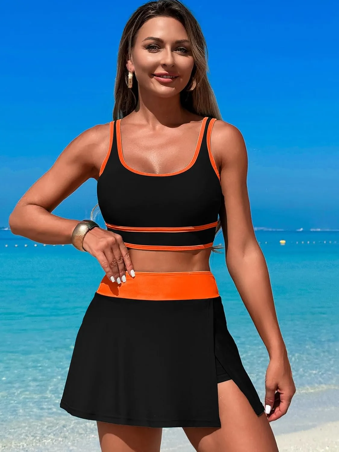 Women's High Waisted Bikini Sets Tummy Control Swim Skirt Two Piece Swim Suit Tummy Control Color Block Bathing Suit