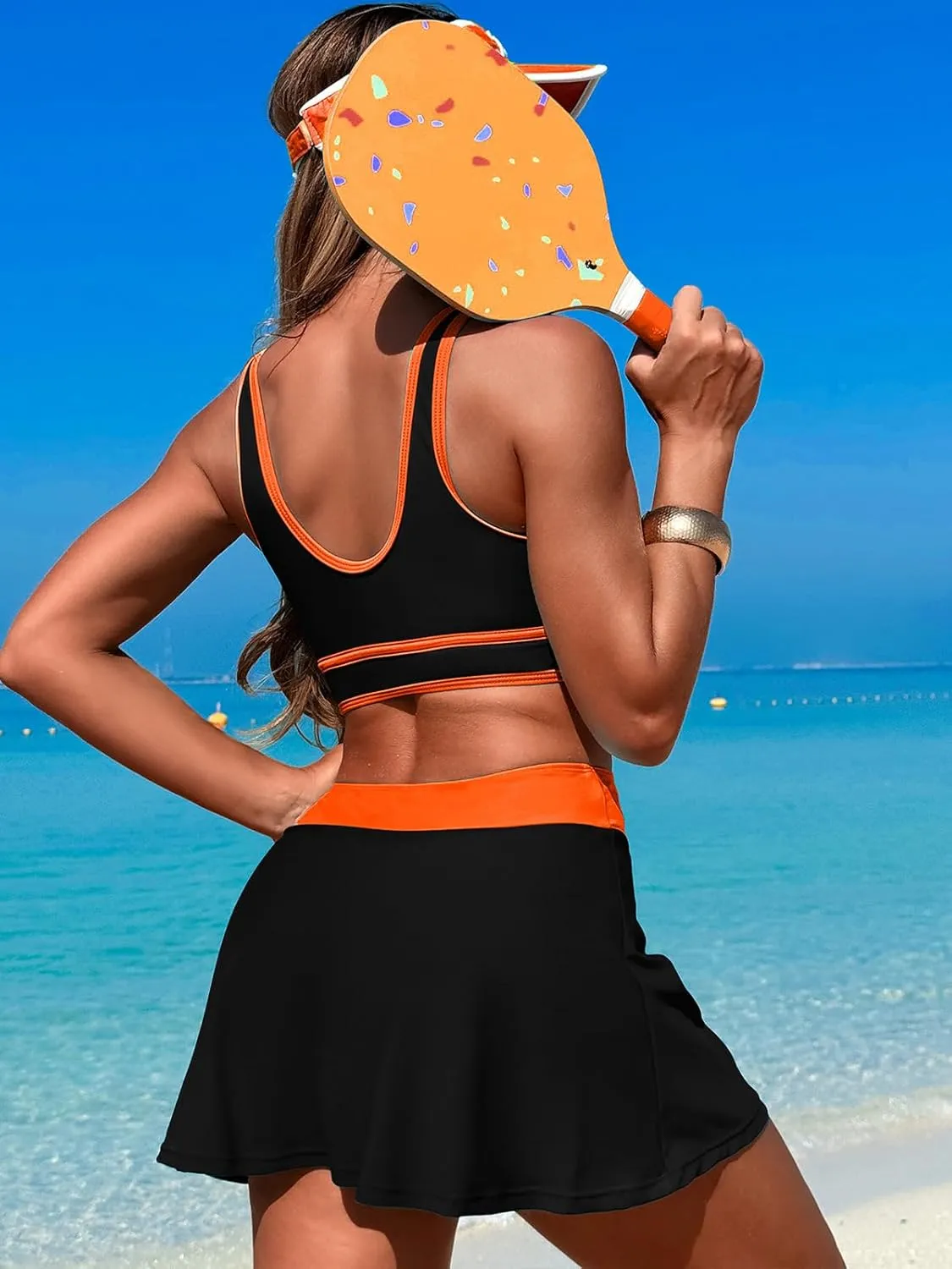 Women's High Waisted Bikini Sets Tummy Control Swim Skirt Two Piece Swim Suit Tummy Control Color Block Bathing Suit