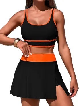 Women's High Waisted Bikini Sets Tummy Control Swim Skirt Two Piece Swim Suit Tummy Control Color Block Bathing Suit