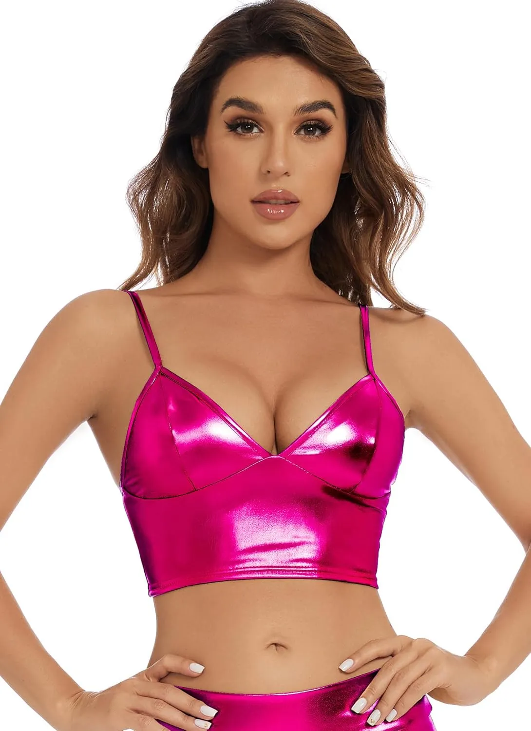Women's Metallic Crop Tops Shiny V-Neck Tube Bra for Dancing, Raves, Festivals, Costumes