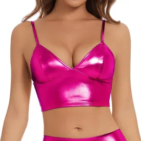 Women's Metallic Crop Tops Shiny V-Neck Tube Bra for Dancing, Raves, Festivals, Costumes