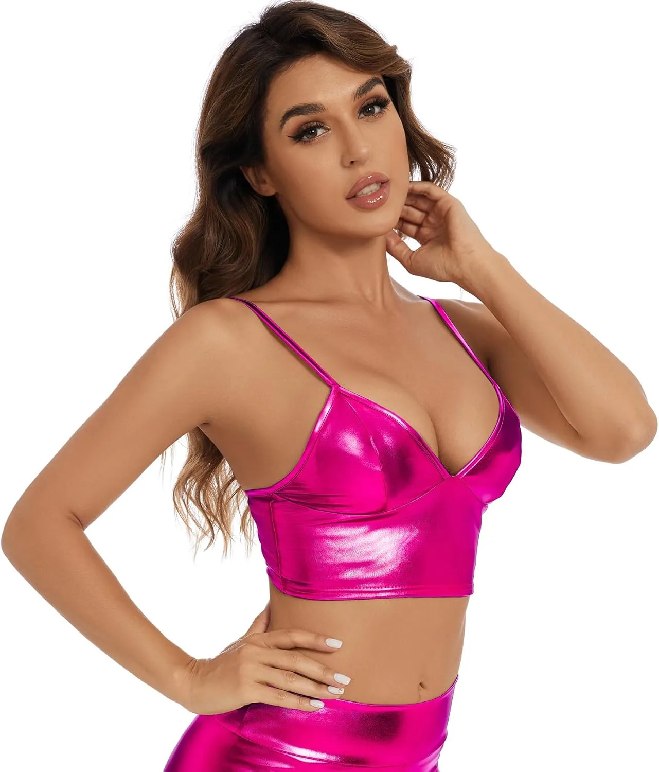 Women's Metallic Crop Tops Shiny V-Neck Tube Bra for Dancing, Raves, Festivals, Costumes