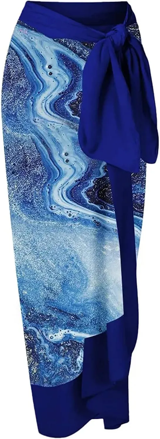 Womens One-Piece Swimsuit Print Chiffon Cover Up Beach Sarong Swimwear Beachwear Retro Wrap Maxi Skirt Bathing Suit