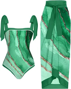 Womens One-Piece Swimsuit Print Chiffon Cover Up Beach Sarong Swimwear Beachwear Retro Wrap Maxi Skirt Bathing Suit