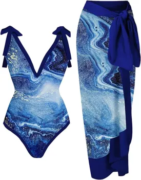 Womens One-Piece Swimsuit Print Chiffon Cover Up Beach Sarong Swimwear Beachwear Retro Wrap Maxi Skirt Bathing Suit