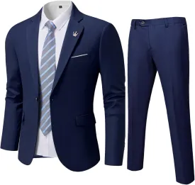 YND Men's Slim Fit 2 Piece Suit, One Button Solid Jacket Pants Set with Tie