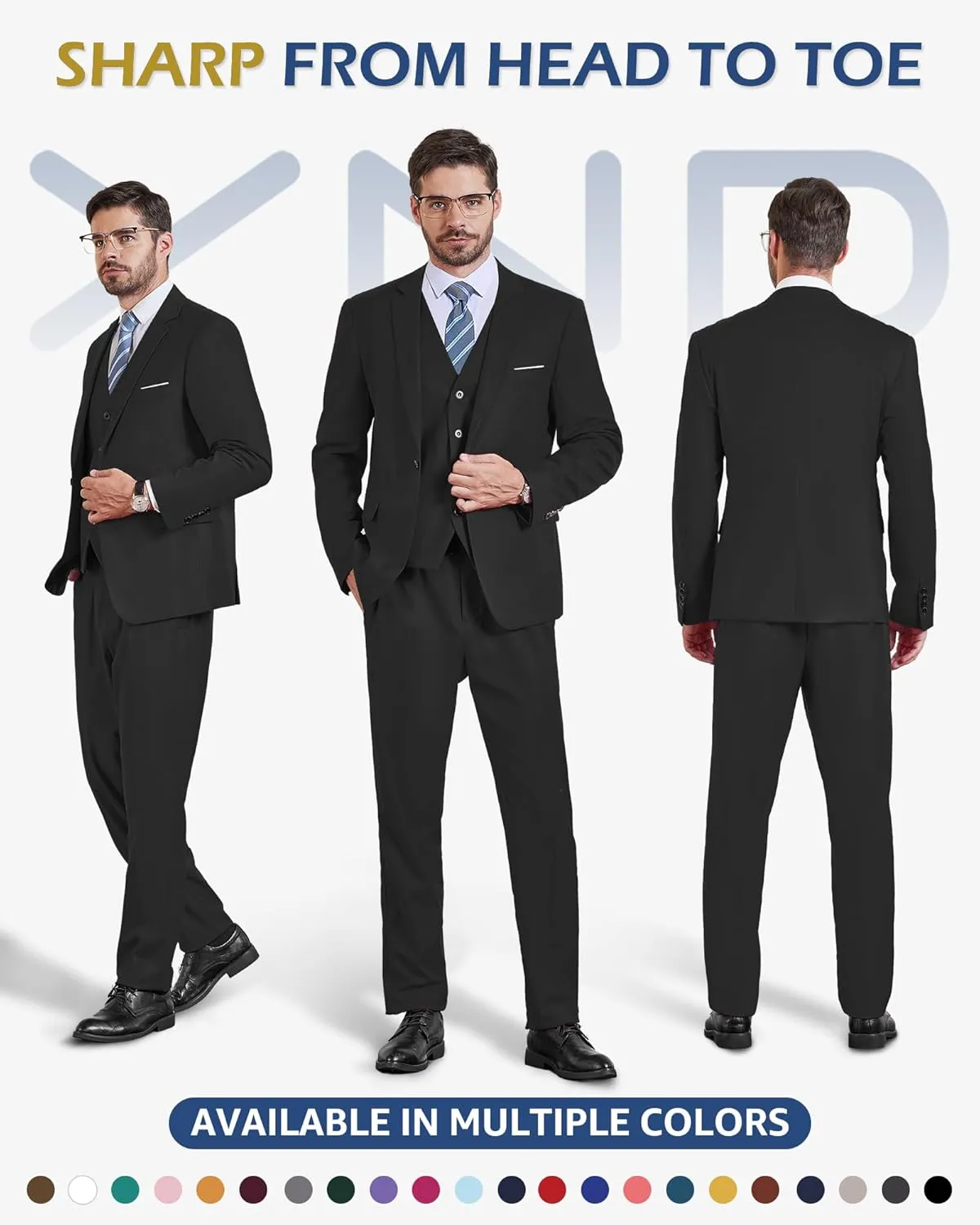 YND Men's Slim Fit 3 Piece Suit, One Button Solid Jacket Vest Pants Set with Tie
