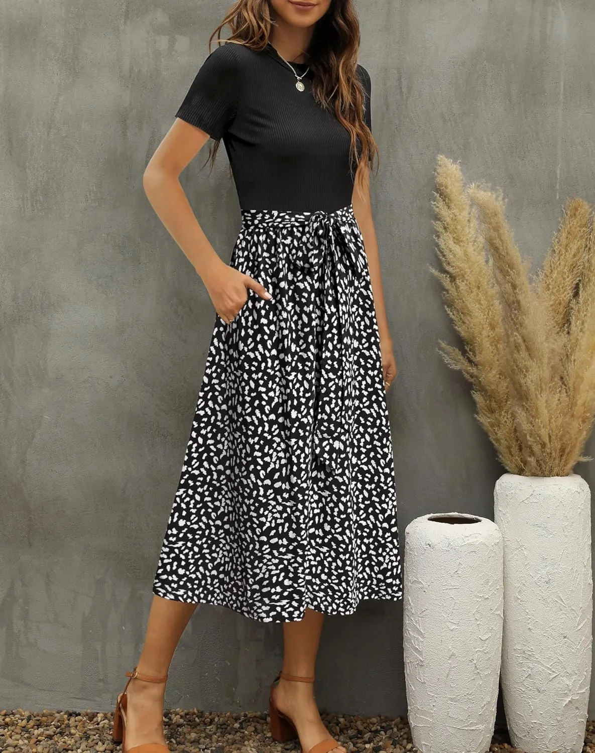 Zattcas Women 2025 Summer Dress Short Sleeve Ribbed Teacher Church Modest Business Casual Work Outfits Midi Dress