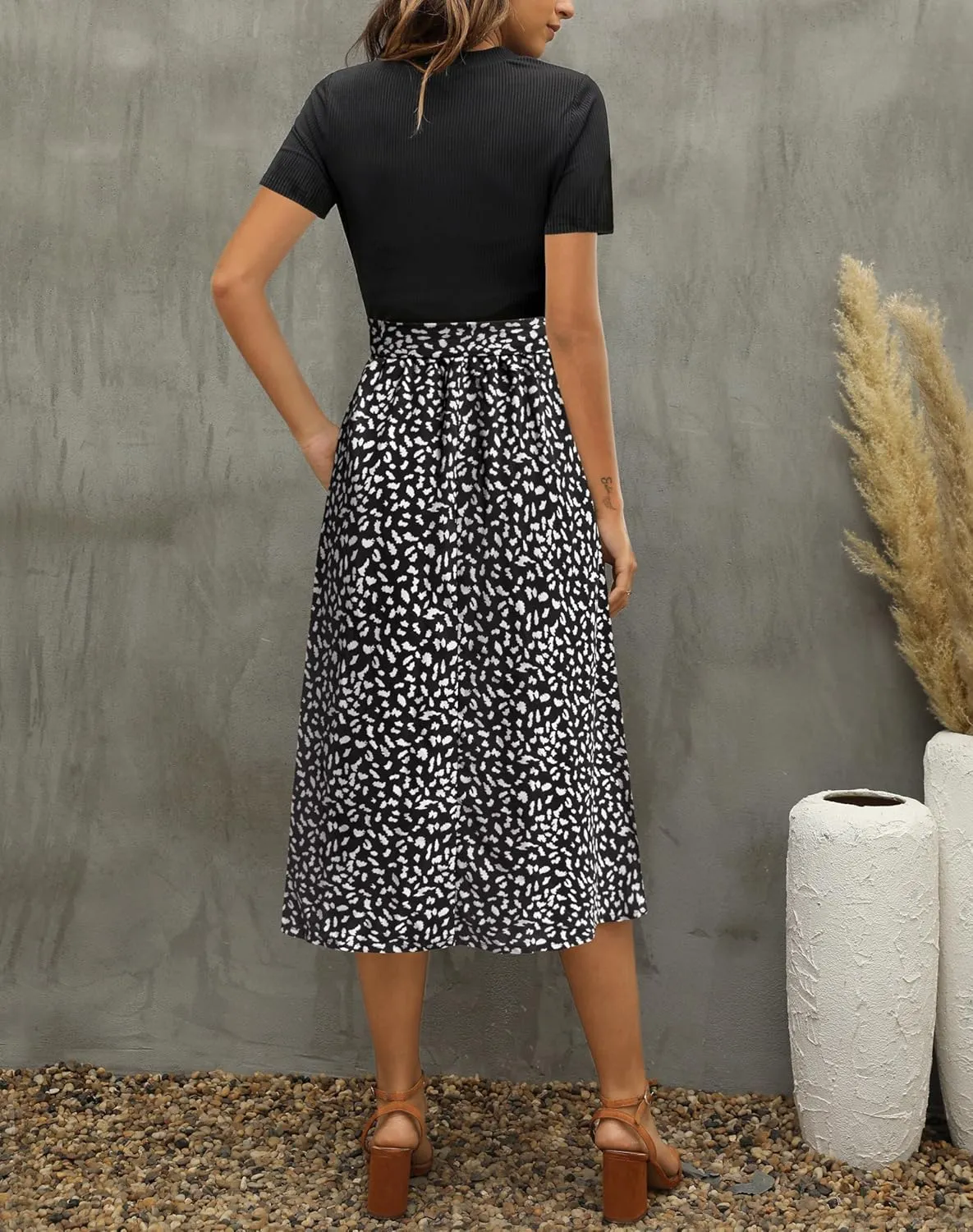 Zattcas Women 2025 Summer Dress Short Sleeve Ribbed Teacher Church Modest Business Casual Work Outfits Midi Dress