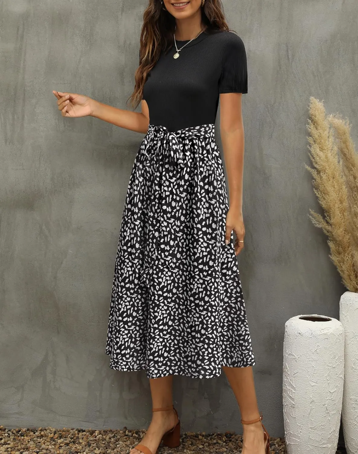 Zattcas Women 2025 Summer Dress Short Sleeve Ribbed Teacher Church Modest Business Casual Work Outfits Midi Dress