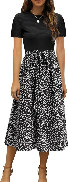 Zattcas Women 2025 Summer Dress Short Sleeve Ribbed Teacher Church Modest Business Casual Work Outfits Midi Dress