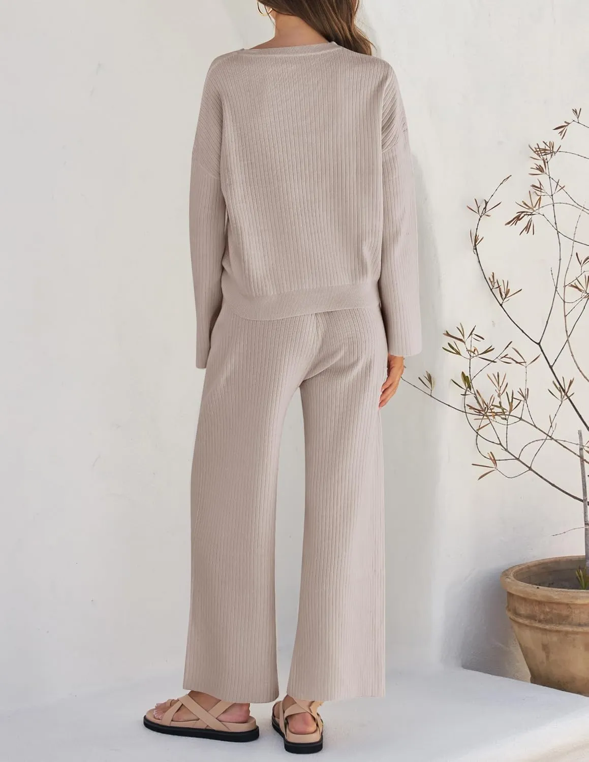 ZESICA Women's 2 Piece Outfits Set Casual Long Sleeve Knit Pullover Top and Wide Leg Pants Sweatsuit Lounge Sets