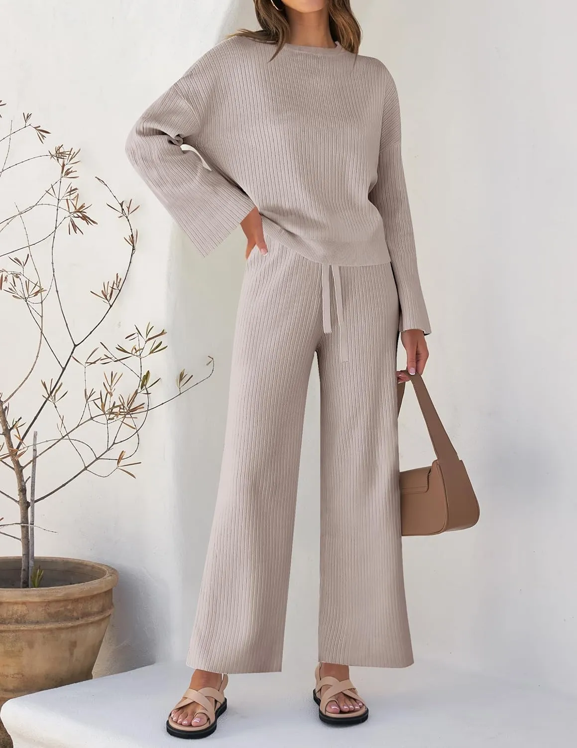ZESICA Women's 2 Piece Outfits Set Casual Long Sleeve Knit Pullover Top and Wide Leg Pants Sweatsuit Lounge Sets