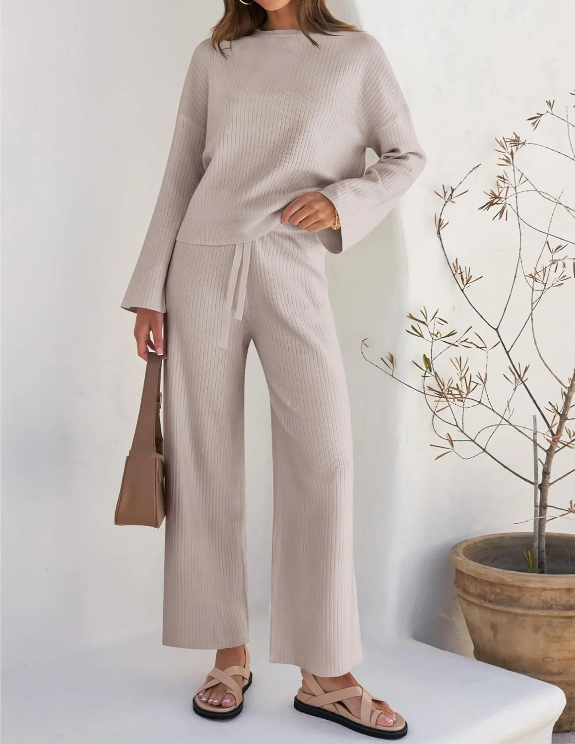 ZESICA Women's 2 Piece Outfits Set Casual Long Sleeve Knit Pullover Top and Wide Leg Pants Sweatsuit Lounge Sets