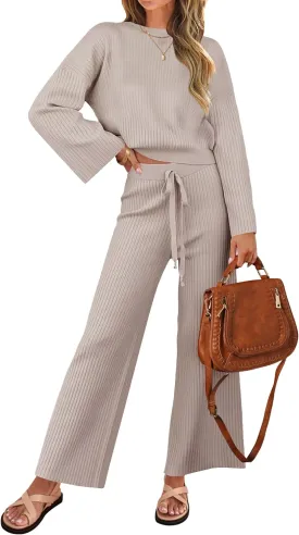 ZESICA Women's 2 Piece Outfits Set Casual Long Sleeve Knit Pullover Top and Wide Leg Pants Sweatsuit Lounge Sets